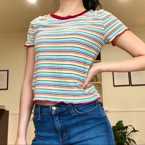 Y2K Rainbow Striped Crop Top with Bottom Frill